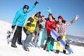 Group of friends taking selfie outdoors. Winter vacation Royalty Free Stock Photo