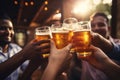 A group of friends toasting with beer at a summer barbeque, close up. Generative AI Royalty Free Stock Photo