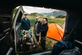 Group of friends travel by car. Camping in road travelÃÅ½ View From Inside the Car Royalty Free Stock Photo