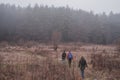 A group of friends walking in the autumn forest on a foggy cold day.