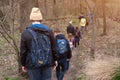 Group of friends walking with backpacks in spring forest from back. Backpackers hiking in the woods. Adventure, travel