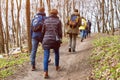 Group of friends walking with backpacks in spring forest from back. Backpackers hiking in the woods. Adventure, travel