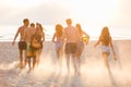 Group of friends walking on the beach at sunset. Royalty Free Stock Photo