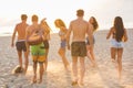 Group of friends walking on the beach at sunset. Royalty Free Stock Photo