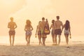 Group of friends walking on the beach at sunset. Royalty Free Stock Photo