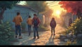 Group of Friends Walking Down a Path at Sunset Royalty Free Stock Photo
