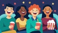 A group of friends watch a comedy film at the festival laughing and enjoying themselves as they take a break from the