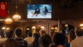 Group of Friends Watching a Live Ice Hockey Match on TV in a Sports Bar. Excited Fans Cheering and Royalty Free Stock Photo