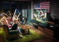 Group of friends watching TV, american football championship