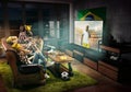 Group of friends watching TV, football match in Brazil, sport games