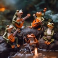 A group of frog figurines sitting on top of a rock. Generative AI image.