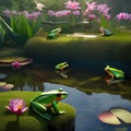 A group of frogs gathered around a pond, watching a luminescent frog display on lily pads4