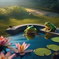 A group of frogs gathered around a pond, watching a luminescent frog display on lily pads3