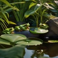 A group of frogs gathered around a pond, watching a luminescent frog display on lily pads5