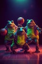 A group of frogs playing a game of basketball. Generative AI image.