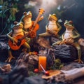 A group of frogs sitting on top of a rock next to a glass of orange juice. Generative AI image. Royalty Free Stock Photo