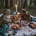 A group of frogs sitting on top of a table. Generative AI image.