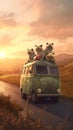 A group of frogs sitting on top of a van. Generative AI image.