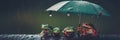 A group of frogs sitting under an umbrella in the rain. Generative AI image. Royalty Free Stock Photo