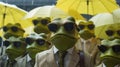 A group of frogs wearing suits and sunglasses. AI