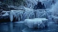 A group of frozen waterfalls cascading into a lake creating a stunning display of ice circles in varying rotations Royalty Free Stock Photo
