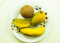 Group of fruits Kamranga, Banana, Sapodilla, Ripe Mango