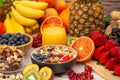 Group Fruits Breakfast mixed vegetables with salad bowl, nuts bowl, strawberry, banana, and pineapple, orange juice, vitamin c in