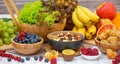 Group Fruits Breakfast mixed vegetables with salad bowl, nuts bowl, strawberry, banana, and pineapple, orange juice, vitamin c in