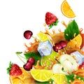 Group of fruits and ice cubes with realistic splashes of juice