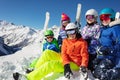 Group fun portrait of kids in sport ski outfit Royalty Free Stock Photo