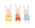 Group of funny adorable bunnies or rabbits holding traditional Easter gifts - basket with decorated eggs, flower bouquet