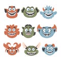A group of funny and amusing monster faces. Cartoon style