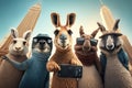 Group of funny animal wearing aviator hat and sunglasses making selfie with smartphone