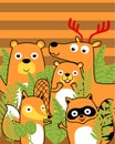 Group of funny cartoon woods animals in hand drawn style