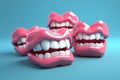A group of funny 3D denture on a blue background Royalty Free Stock Photo