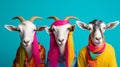 Group of funny goats with colorful hair and scarves on blue background Generative AI