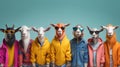Group of funny hipster people on blue background. Portrait of a group of funny goats. Generative AI