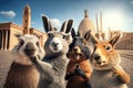 Group of funny kangaroos in front of a mosque