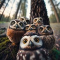 group of funny owl in the forest taking a selfie