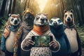 Group of funny panda bears taking selfie with smartphone in the forest