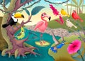 Group of funny tropical birds in the jungle