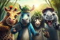 Group of funny wild animals in the jungle