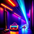 Group of Futuristic Cleaning Robots in a Long Neon Colored Corridor