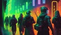 A group of futuristic robotic rebels march into a hollowed out underground city bathed in neon light. Cyberpunk art. AI