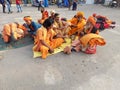 A group of gangasagar yatri or sadhu baba resting at Babughat prior to gangasagar yatra.