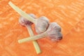 Group of garlic large heads of fresh vegetable on an orange background