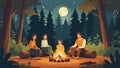 Group Gathering Around a Campfire Under the Moonlight in a Forest Setting Royalty Free Stock Photo