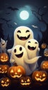 A group of ghosts standing in a field of pumpkins. Generative AI image. Royalty Free Stock Photo