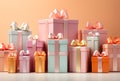 Group of gift boxes, Wrapped in pastel color paper. Birthday party, Christmas, Valentines day or mother day greeting card