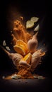 Group of Ginger Roots Vegetable Creatively Falling-Dripping Flying or Splashing on Black Background AI Generative